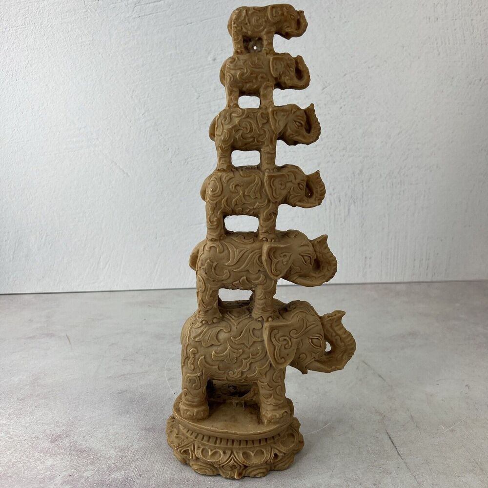 VTG MCM Resin Six Elephant Pyramid Stack Tower Figurine 14.5 Missing Top Elephan